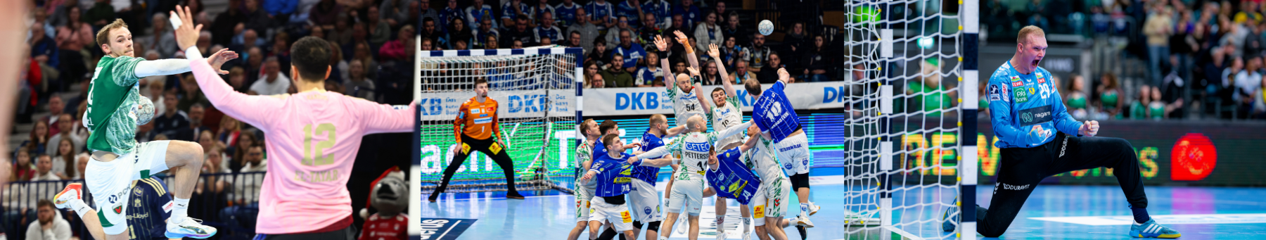 Handball-Collage mit drei Spielszenen: Sprungwurf auf das Tor, ein Wurf über den Abwehrblock und ein jubelnder Torwart.