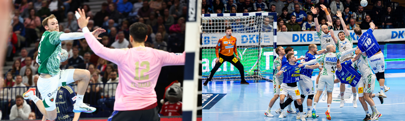 Collage mit zwei actionreichen Szenen aus einem Handballspiel: links ein Sprungwurf aufs Tor, rechts ein Abwehrblock.